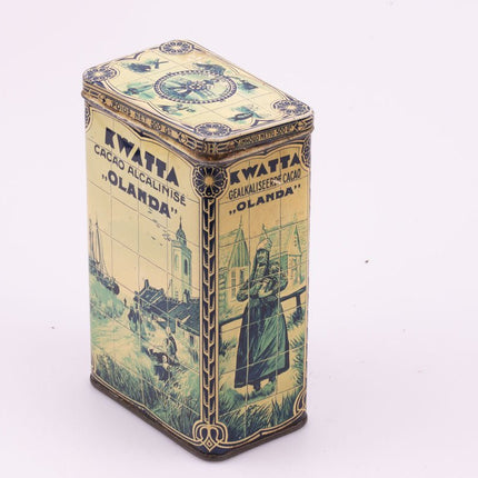 Boîte ancienne en métal cacao Kwatta beige et blanche
