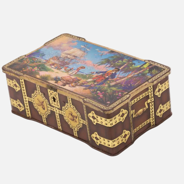 Boîte ancienne en métal biscuits Thornes coffre à trésor pirates
