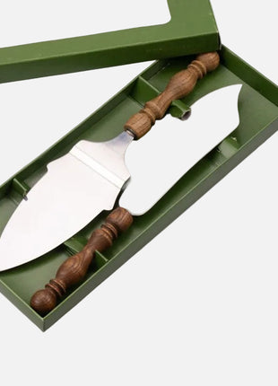 Pelle et couteau à tarte en inox et bois dans boîte d'origine