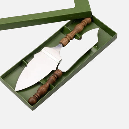 Pelle et couteau à tarte en inox et bois dans boîte d'origine