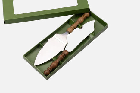 Pelle et couteau à tarte en inox et bois dans boîte d'origine