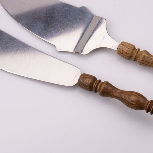 Pelle et couteau à tarte en inox et bois dans boîte d'origine