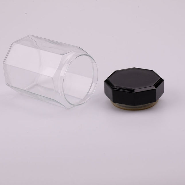 Pot en verre octogonal transparent avec couvercle noir