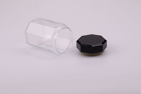 Pot en verre octogonal transparent avec couvercle noir