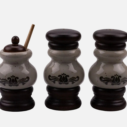 Kit poivrière et salière en porcelaine beige et brune dans boîte d'origine