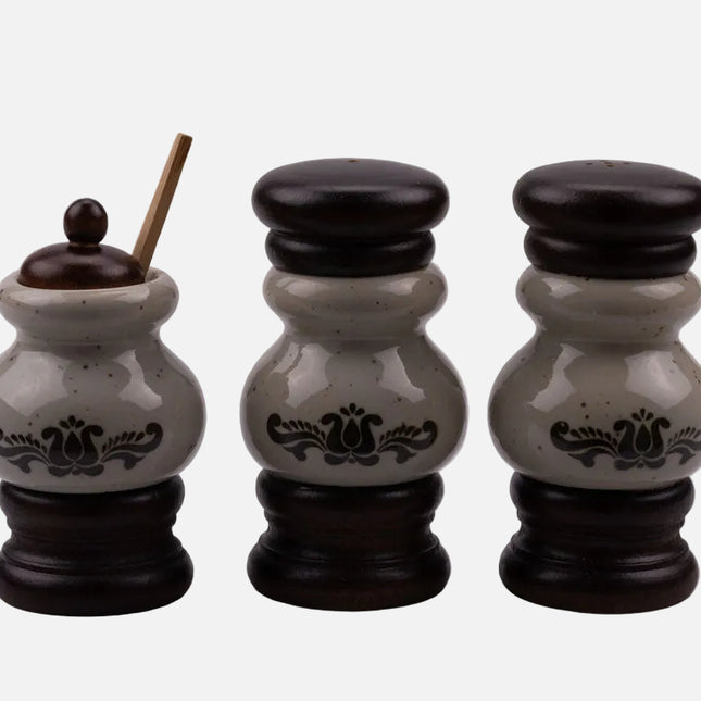 Kit poivrière et salière en porcelaine beige et brune dans boîte d'origine