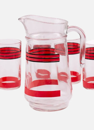Cruche et 6 verres Italie transparent à lignes rouges