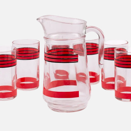 Cruche et 6 verres Italie transparent à lignes rouges
