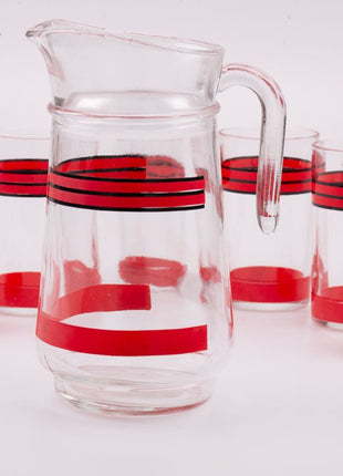 Cruche et 6 verres Italie transparent à lignes rouges