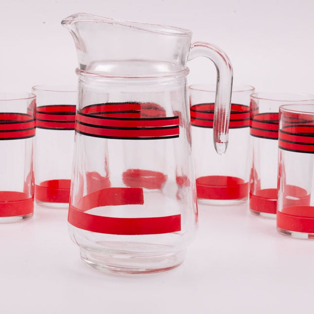 Cruche et 6 verres Italie transparent à lignes rouges