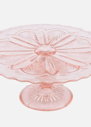 Présentoir à gateaux en verre rose sur pied