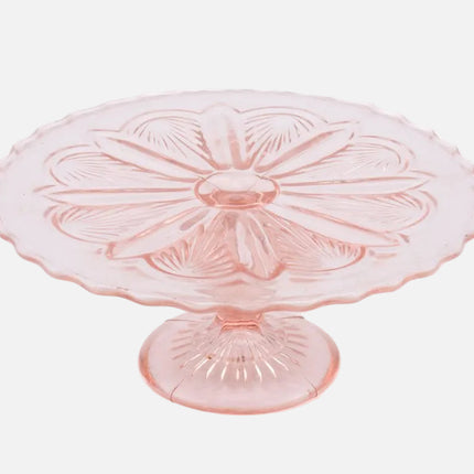 Présentoir à gateaux en verre rose sur pied