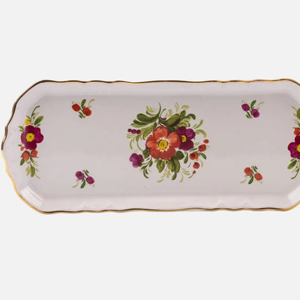 Plateau en porcelaine Revol blanc aux motifs fleuris et bord doré