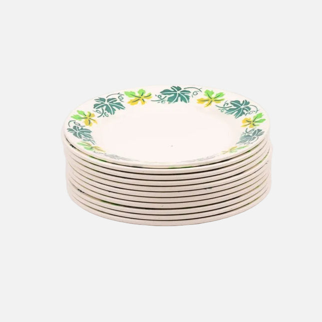 Assiette à dessert Digoin Sarreguemines blanche avec motifs bleues et vertes 