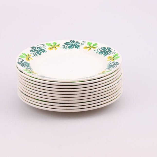 Assiette à dessert Digoin Sarreguemines blanche avec motifs bleues et vertes 