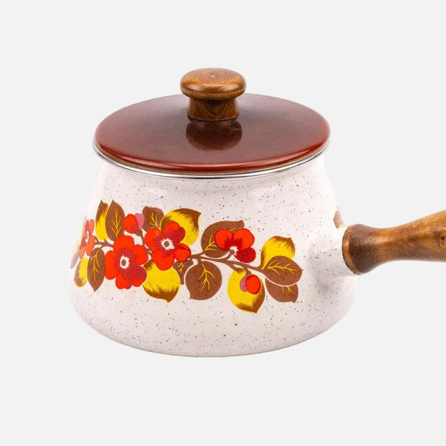 Casserole motif fleuri seventies en porcelaine blanche et fleurie