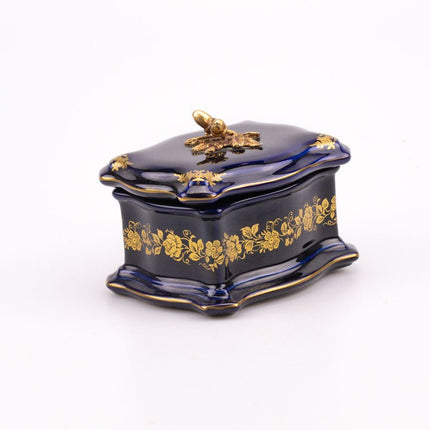 Boite à bijoux en porcelaine de Limoges bleu et or