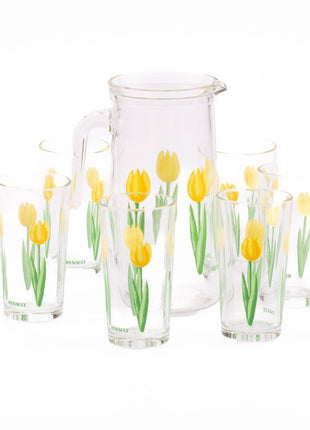6 verres et 1 cruche Renault avec motifs de tulipes jaunes