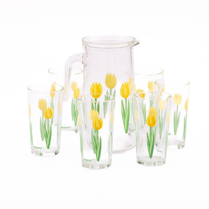 6 verres et 1 cruche Renault avec motifs de tulipes jaunes