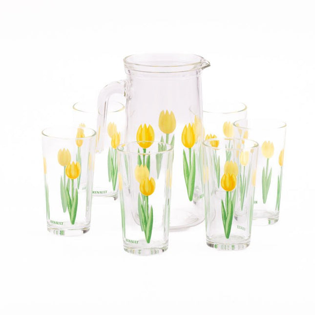 6 verres et 1 cruche Renault avec motifs de tulipes jaunes