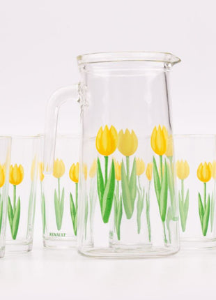 6 verres et 1 cruche Renault avec motifs de tulipes jaunes