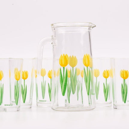 6 verres et 1 cruche Renault avec motifs de tulipes jaunes