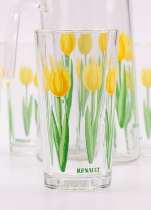 6 verres et 1 cruche Renault avec motifs de tulipes jaunes
