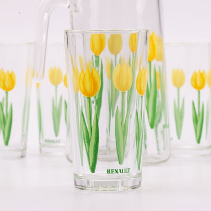6 verres et 1 cruche Renault avec motifs de tulipes jaunes