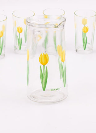 6 verres et 1 cruche Renault avec motifs de tulipes jaunes