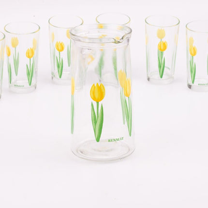 6 verres et 1 cruche Renault avec motifs de tulipes jaunes