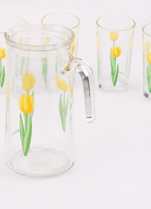 6 verres et 1 cruche Renault avec motifs de tulipes jaunes