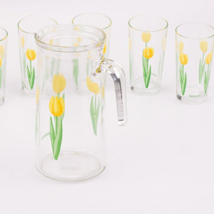 6 verres et 1 cruche Renault avec motifs de tulipes jaunes