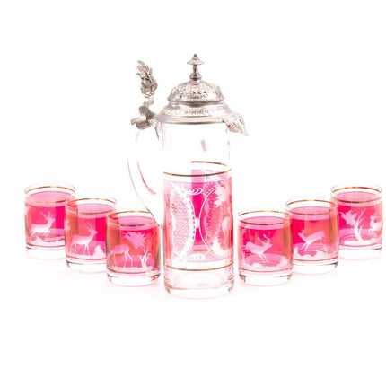 Ensemble de 6 verres et d'une cruche en cristal rouge