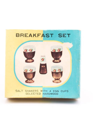 Set de 4 coquetiers et salière en porcelaine et bois dans boîte d'origine