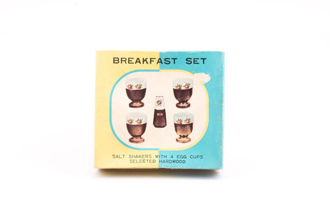 Set de 4 coquetiers et salière en porcelaine et bois dans boîte d'origine