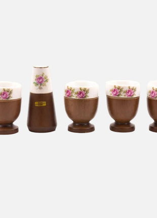 Set de 4 coquetiers et salière en porcelaine et bois dans boîte d'origine