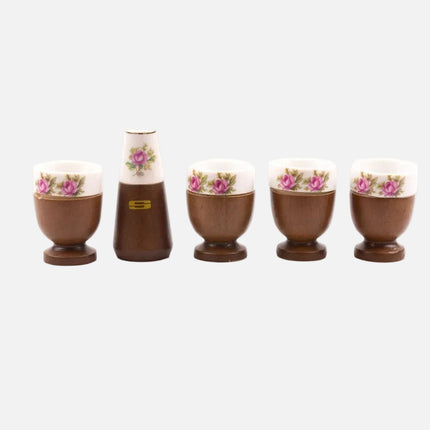 Set de 4 coquetiers et salière en porcelaine et bois dans boîte d'origine
