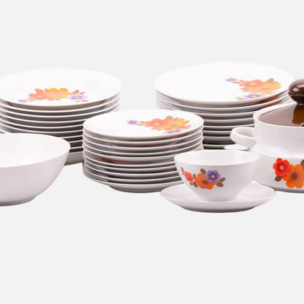 Service vaisselle en porcelaine vintage Mitterteich blanche et brune à motifs fleuris
