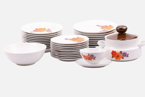 Service vaisselle en porcelaine vintage Mitterteich blanche et brune à motifs fleuris