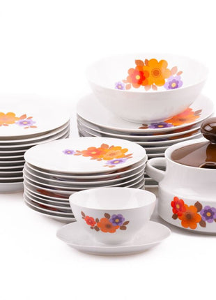 Service vaisselle en porcelaine vintage Mitterteich blanche et brune à motifs fleuris