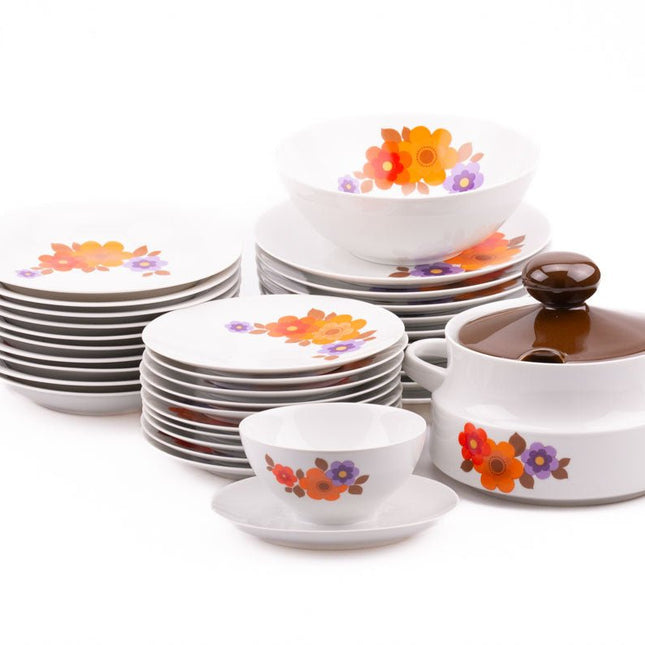 Service vaisselle en porcelaine vintage Mitterteich blanche et brune à motifs fleuris
