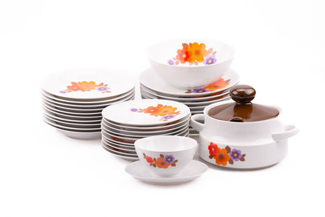 Service vaisselle en porcelaine vintage Mitterteich blanche et brune à motifs fleuris