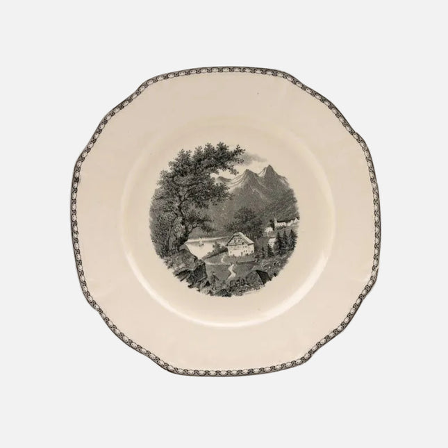 Assiette à dessert vintage Société porcelaine crème avec motifs noirs