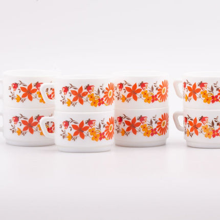 6 tasses Arcopal Flore blanche avec motif floral orange
