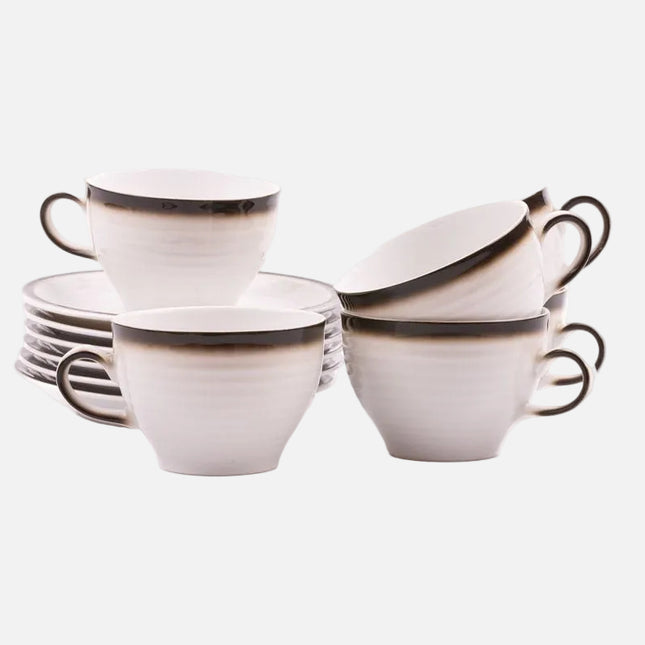 6 tasses et 6 sous-tasses Winterling en porcelaine blanche et liseré brun