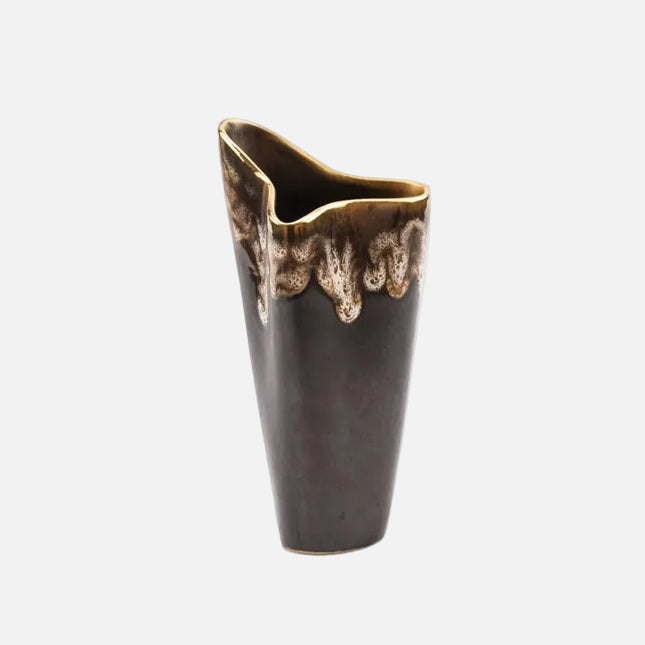 Sublime vase en porcelaine fine bleu au bord doré et ondulé