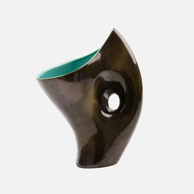 Splendide vase ondulée style Art Deco en porcelaine noire et verte