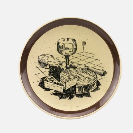 6 assiettes à fromage Gien en faïence beige avec motifs noirs