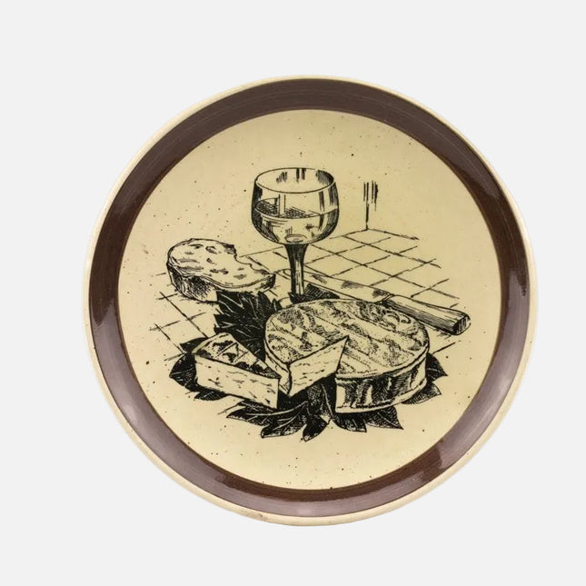 6 assiettes à fromage Gien en faïence beige avec motifs noirs