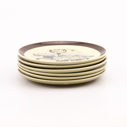 6 assiettes à fromage Gien en faïence beige avec motifs noirs